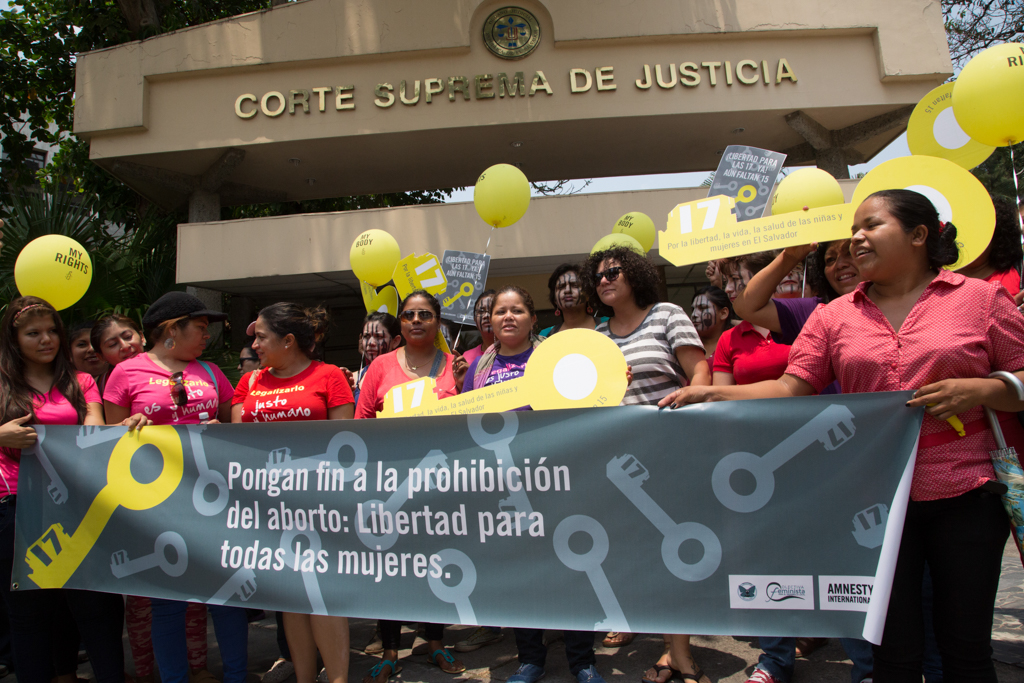 Women's rights activists outside El Salvador's Supreme Court